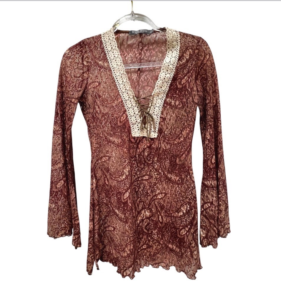 Vtg 90s Bisou Bisou Paisley Lace Bell Sleeve Top Boho S Whitchy Whimsygoth USA