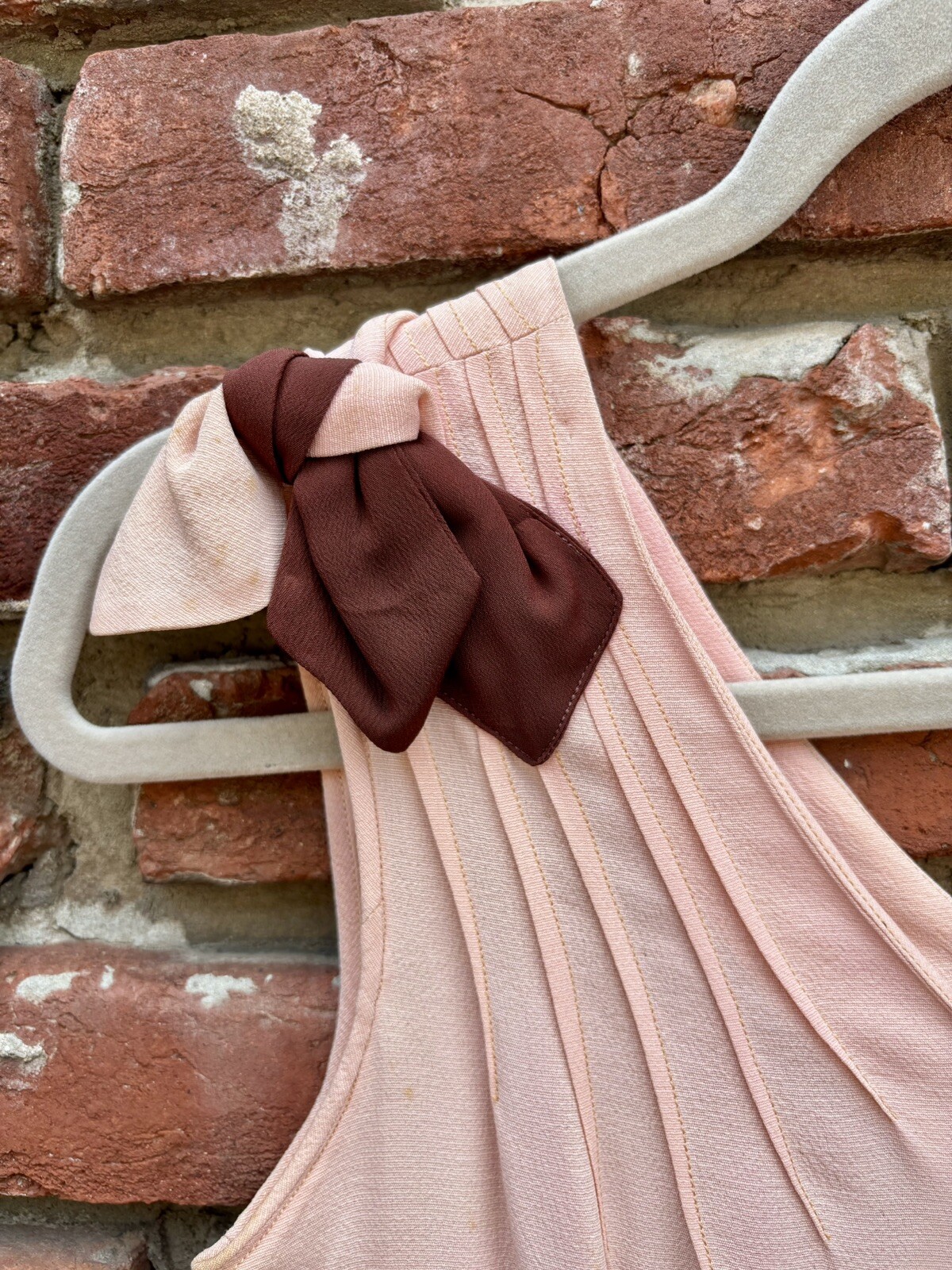 Antique Vintage 1930s Silk Rayon Pink & Brown Sleeveless Dress w/ Belt AS IS