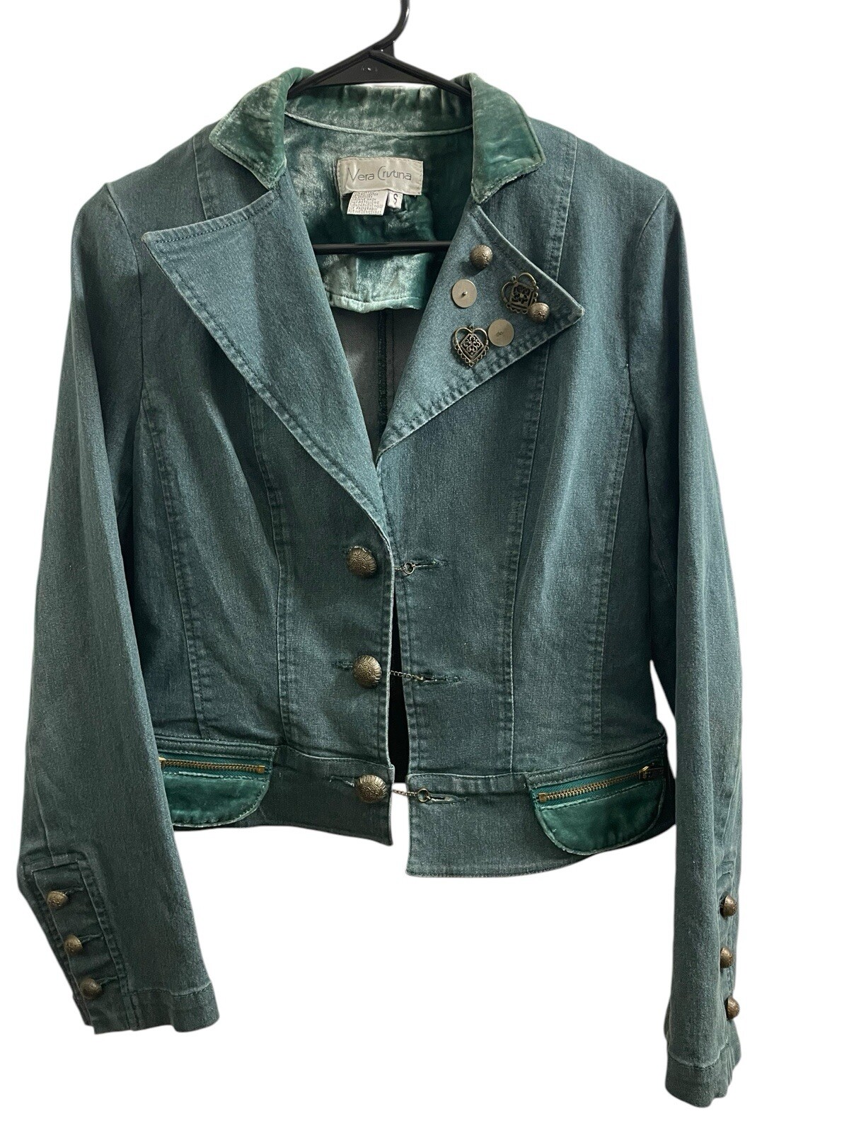 Vintage Vera Cristina Embellished Small Denim and green Velour Collar Jacket
