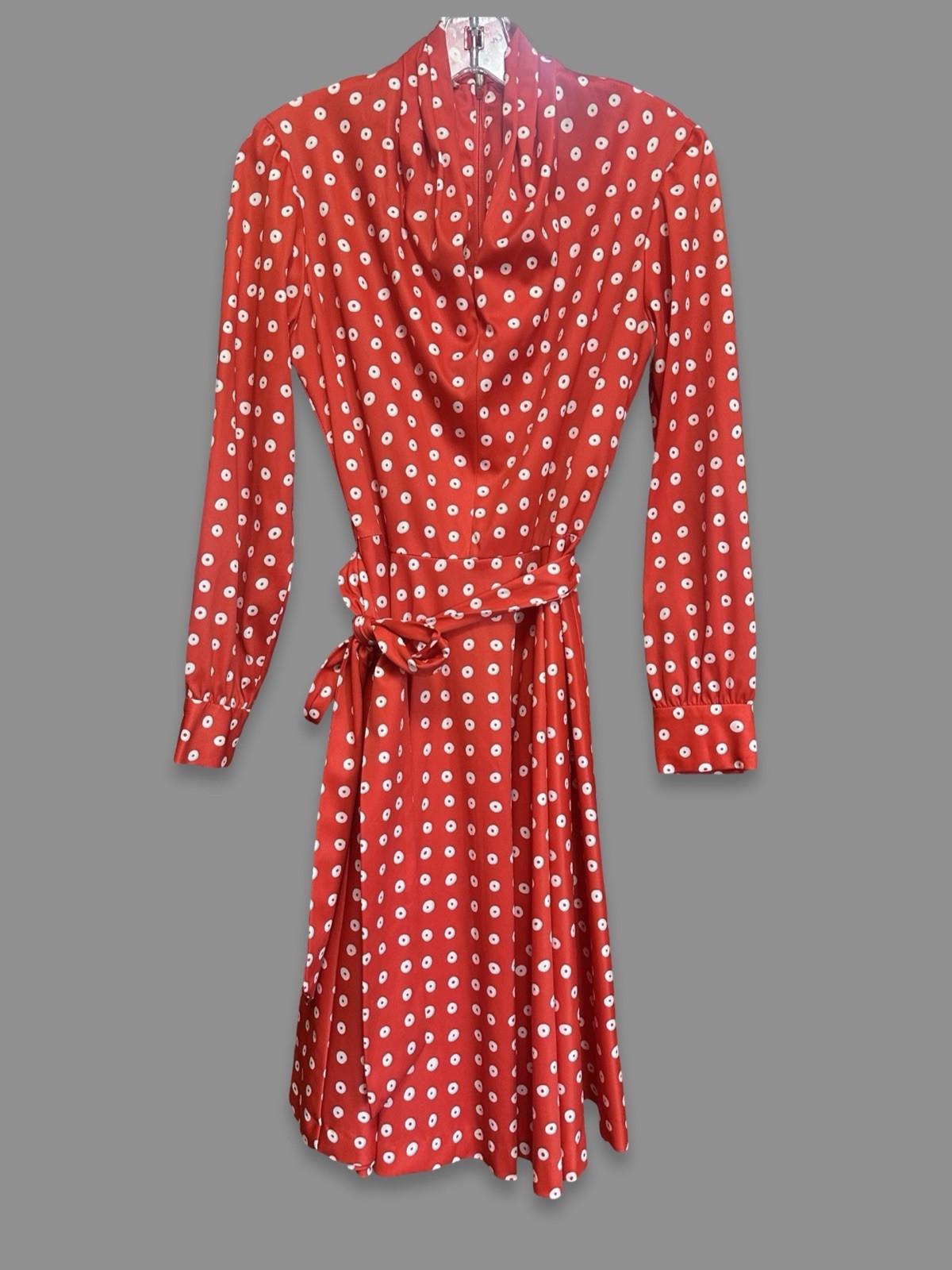 Vintage 1970s Red White Polka Dot Donut Print Satin Dress w/ Sash Size Medium
