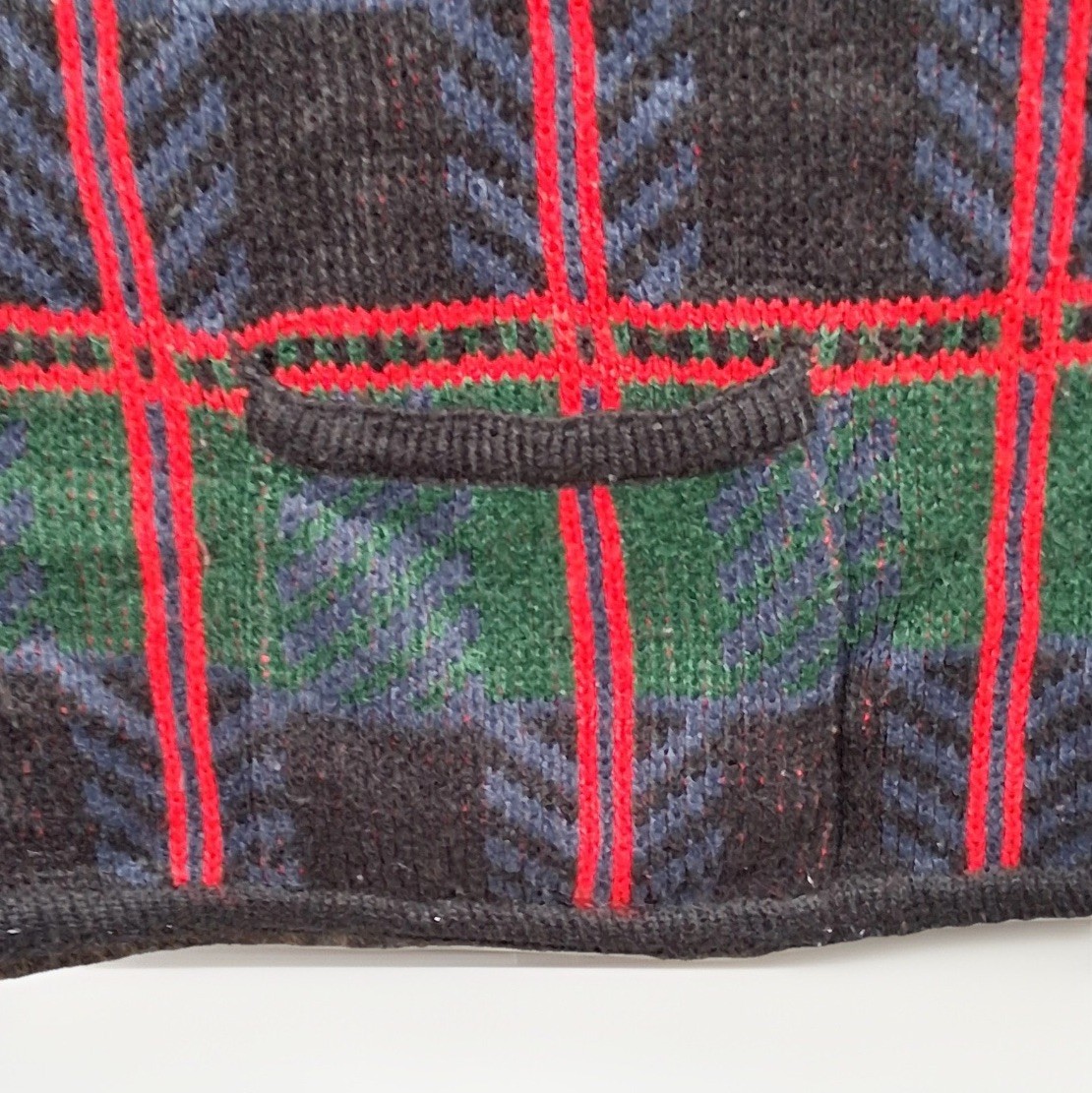 Vintage Plaid Chevron Knit Cardigan Sweater XL Red Green Gold Button Pockets
