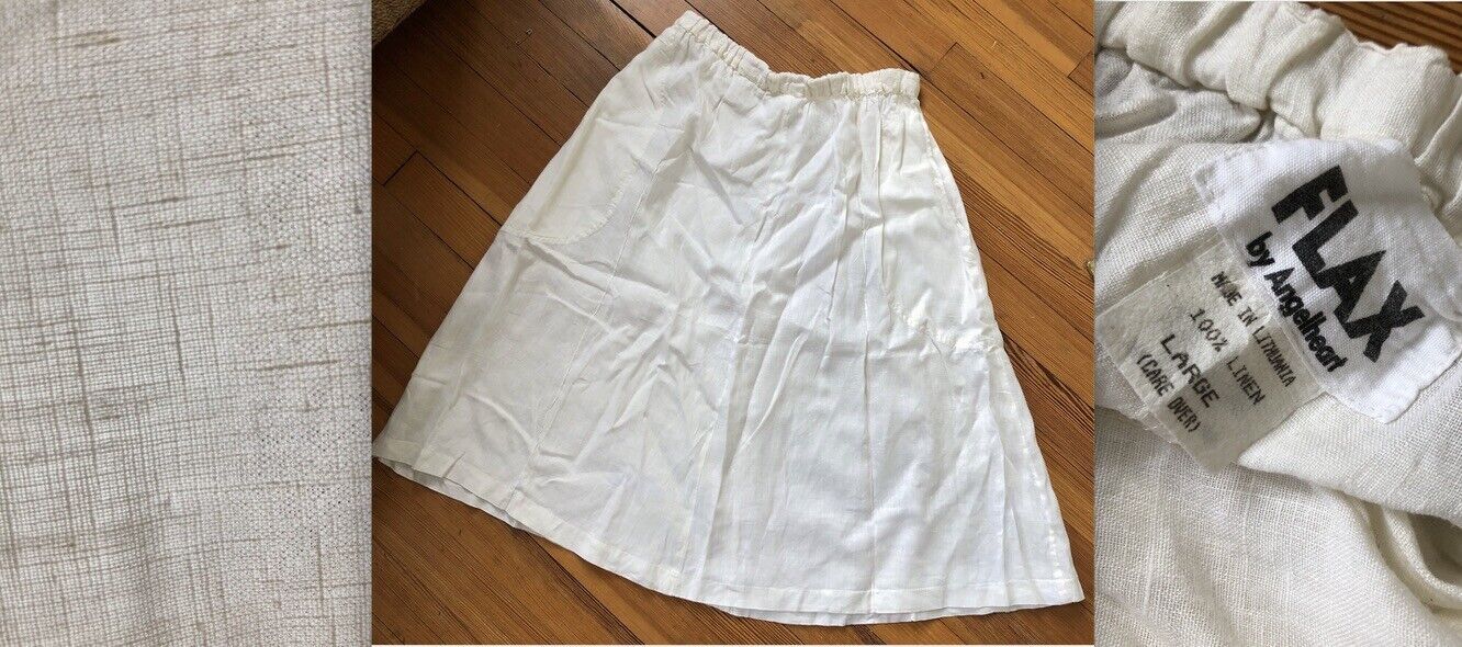 VTG FLAX ANGELHEART USA JEANNE ENGLEHART 100% LINEN WHITE SKIRT POCKETS L EUC
