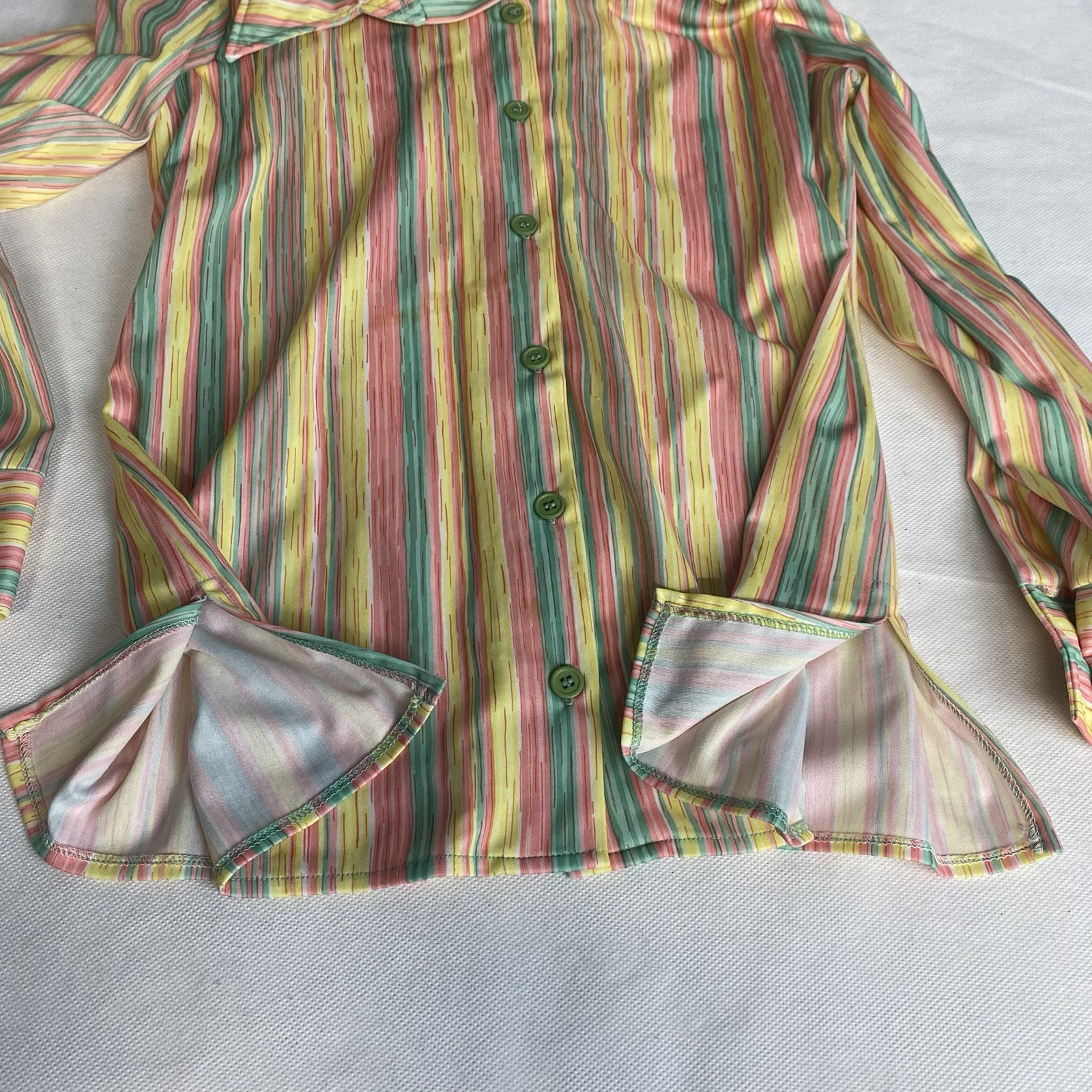 Vintage 70s Center Stage Button Down Shirt Women Medium Yellow Stripe Disco Flaw
