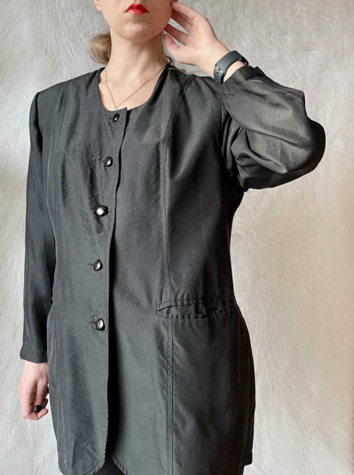 Vtg 80s Jacket 100% Silk Black Jacket Bold Shoulders European Fashion Minimalism