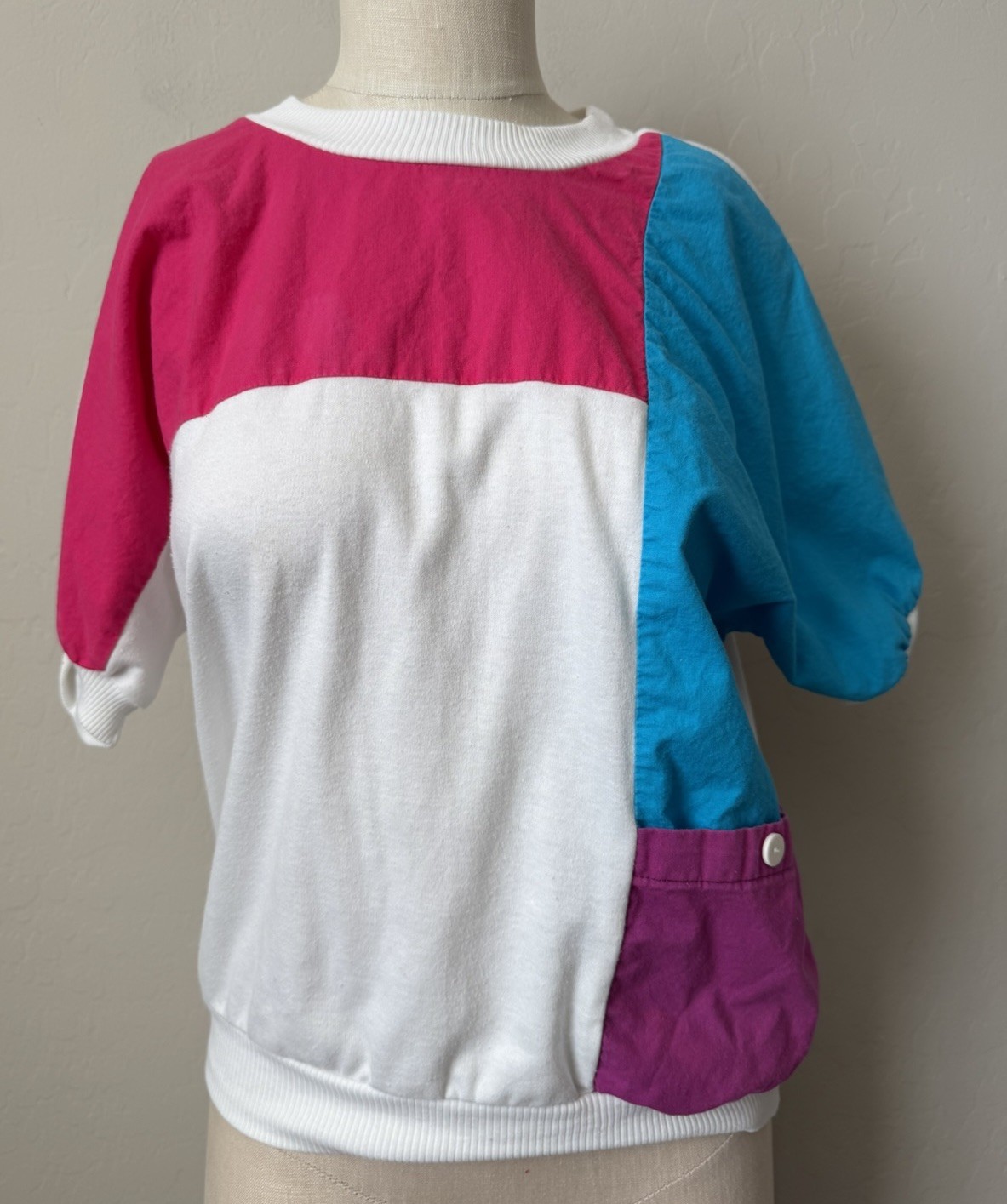 Women’s Vtg 80s Party Color Block Shirt Medium White Teal Pink Purple Costume