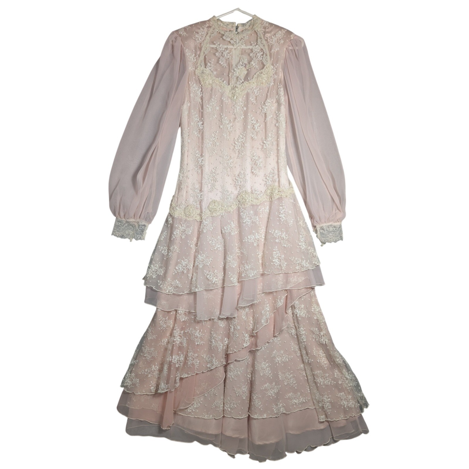 Susan Lane Country Elegance Dress Womens 12 Pink Vintage Lace Tiered Maxi