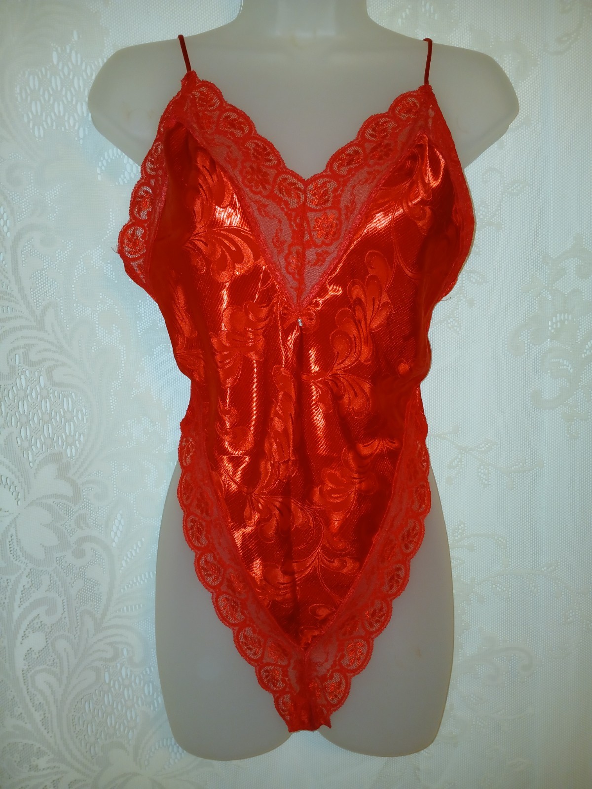 Vintage 80s Red Liquid Satin French Cut Teddy Snap Crotch Lingerie M EUC