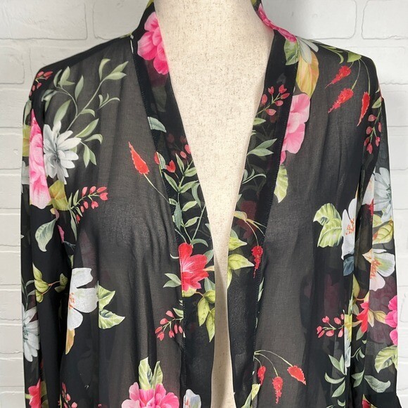 Sweet Pea Stacy Frati Duster Women L Black Floral Peony Sheer Kimono Boho Robe