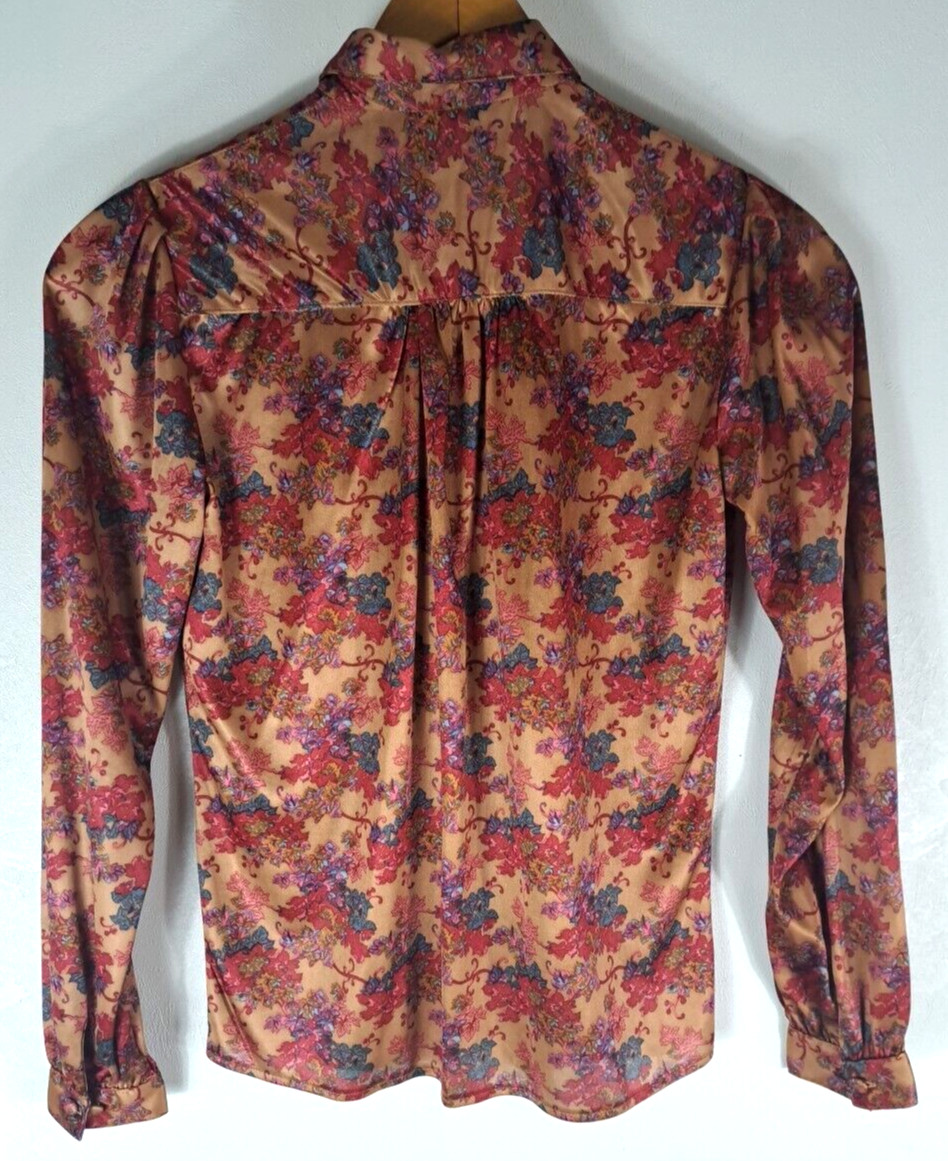 Vintage Queens Way Womens Button Down Top Collared Bow Brown Floral 1970s S