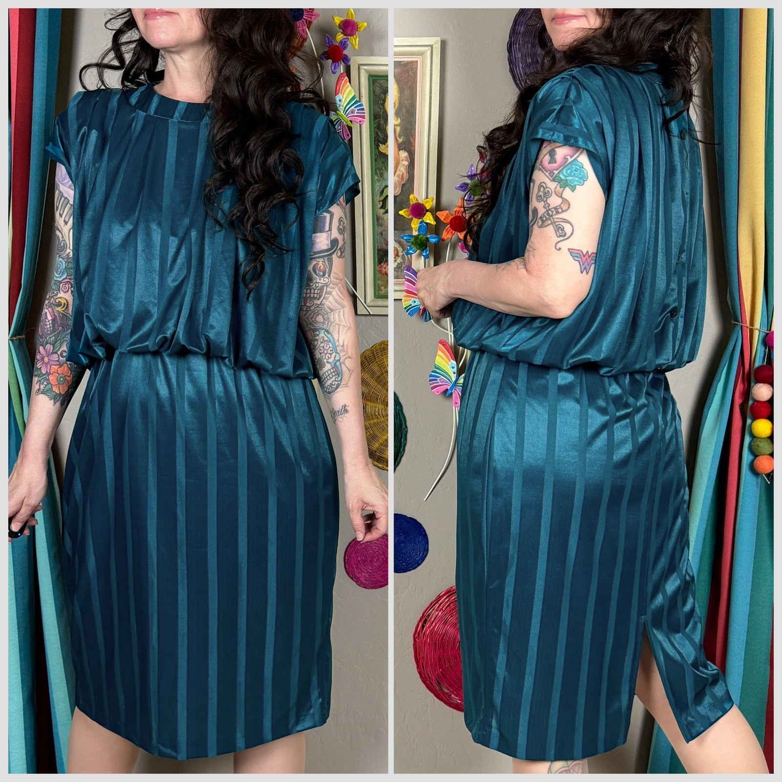 Vintage 1970s Dark Teal Striped Sleeveless Blouson Disco Dress | Small/Medium
