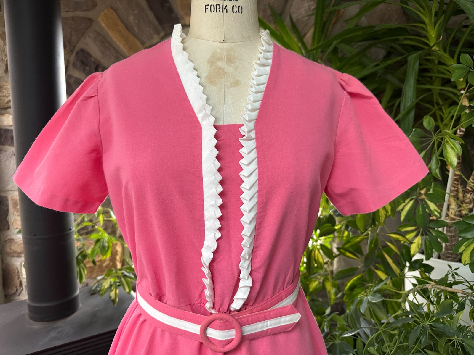 Vintage 1970s Pink and White Trim Belted Dress Sears the Fashion Place