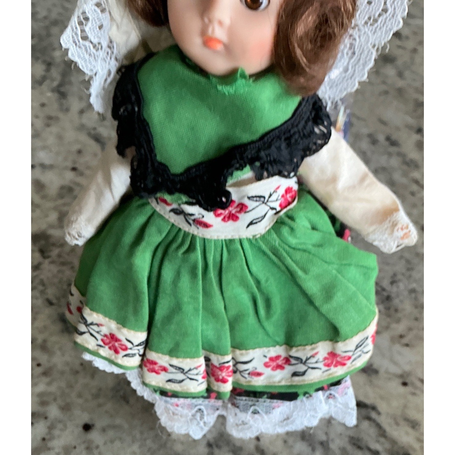 Vogue Vintage 1972 International Doll Green Floral Folk Dress 8 Inch Brunette