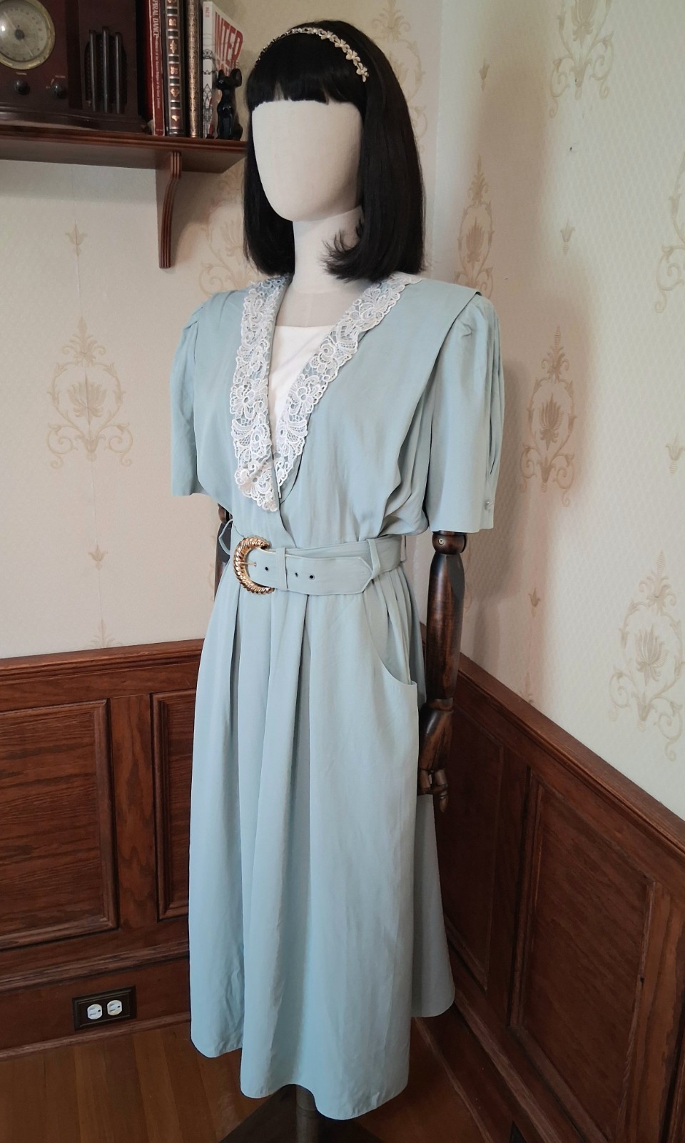 Vintage 1980s SL Fashions Green Lace Collar Cottagecore Secretary Dress w/Belt