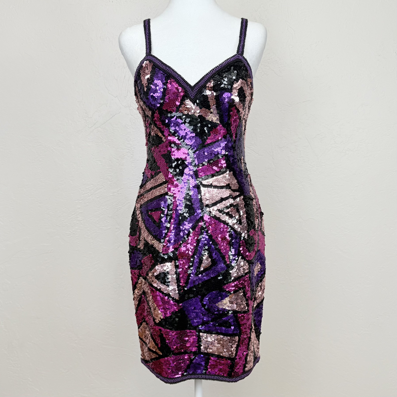 Vintage 1980s Silk Multicolor Fully Sequined & Beaded Dress by Susan Rose Size 8