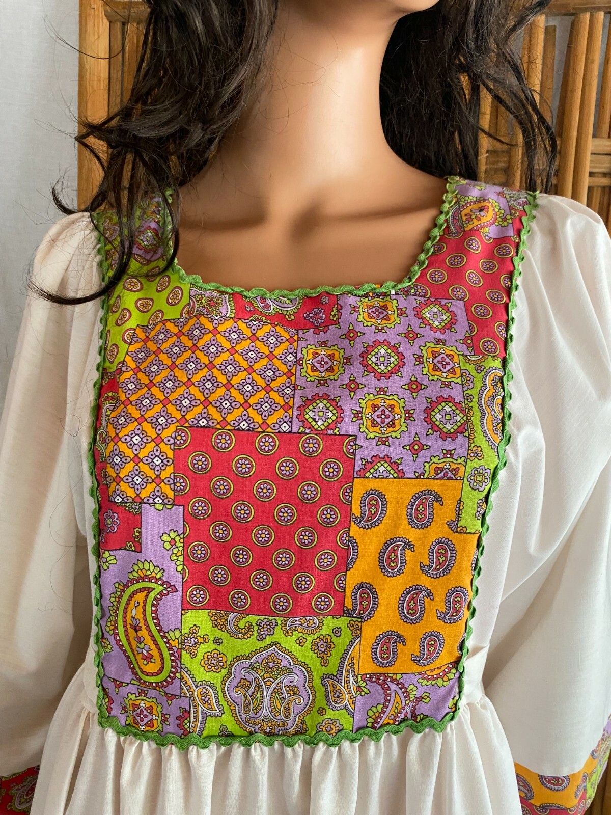 VTG 60s Maxi Dress Cream & Psychedelic Waist Ties 3/4 Wide Sleeve Hippy Boho S/M