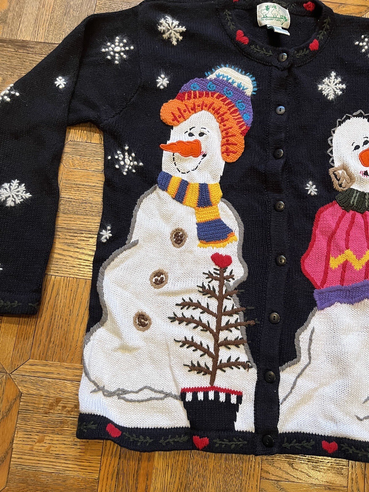 Vintage Quacker Factory S Snowman Peeking Cat Cardigan Sweater Christmas Holiday