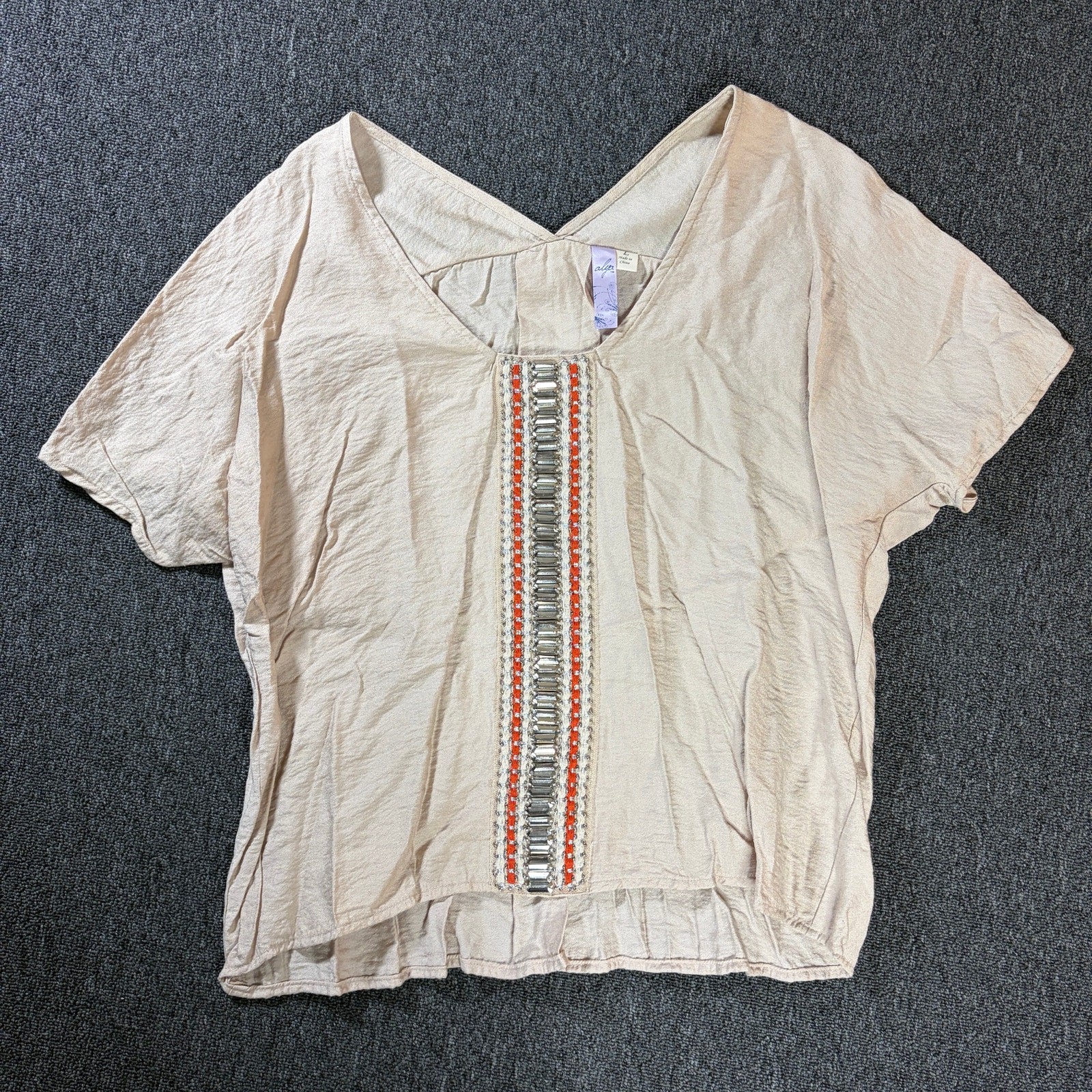 Vintage Y2k Rhinestone Embellished Women’s Cream Beige Butterfly Blouse Large