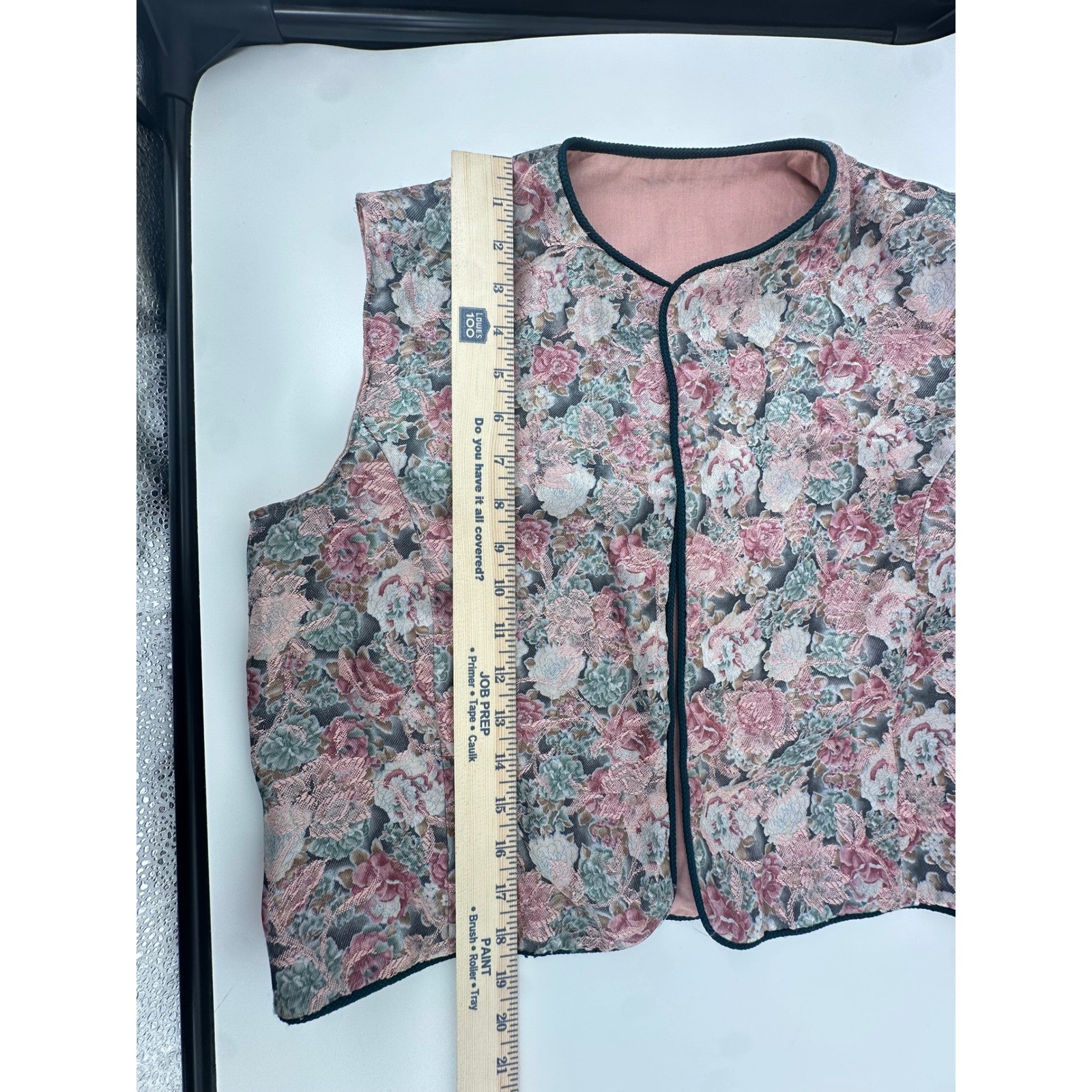 Vintage Handmade Floral Tapestry Vest Pink Rose Brocade Open Front Cottagecore