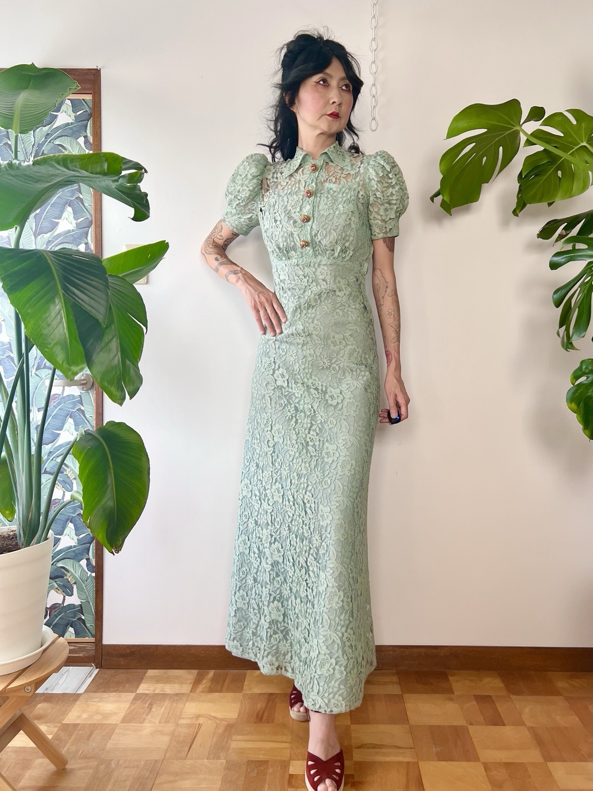 1930s Seafoam Green Floral Sheer Lace Puff Sleeves Gown Dress XS/S Old Hollywood