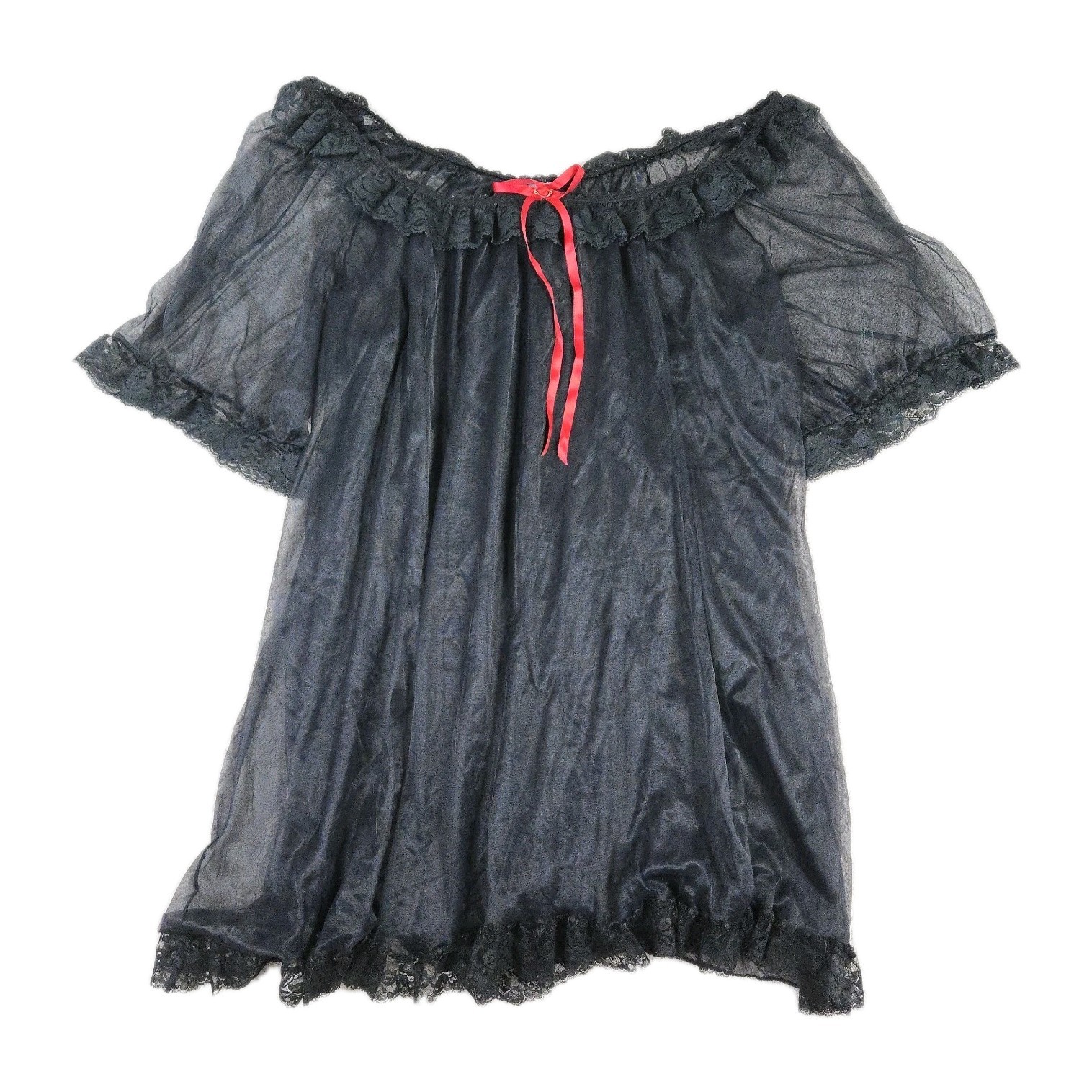 Vintage Black Babydoll Sheer Lingerie Off Shoulder Mini Dress Lace Ruffle Bow