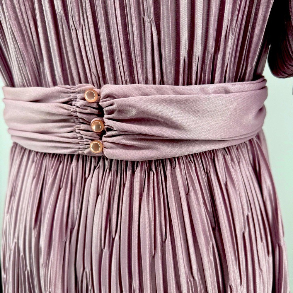 VTG 80s Crinkle Pleated Faux Wrap Style Dress Dusty Pink Chrissy Threes Company