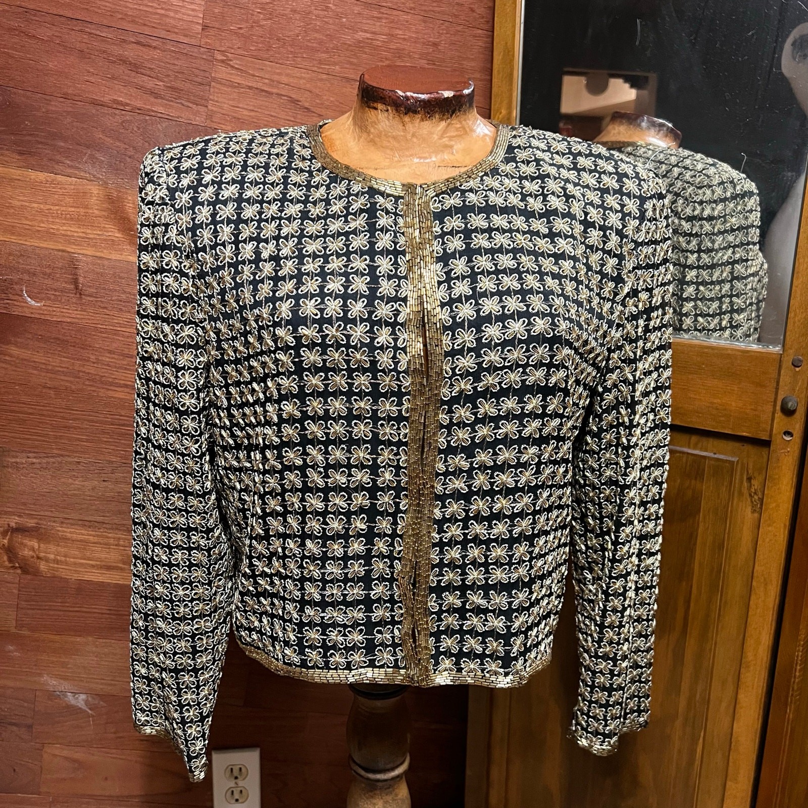 VINTAGE 80s Silk Laurence Kazar Beaded Cocktail Jacket Size M Hollywood Regency