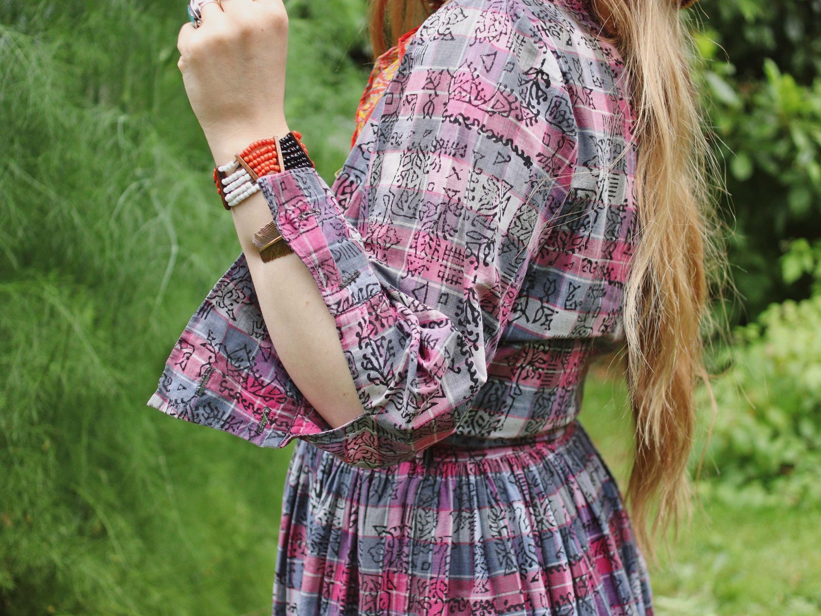 VTG 1950s Shirt Dress Madras Plaid Cotton Indian Tapestry Block printed Collared