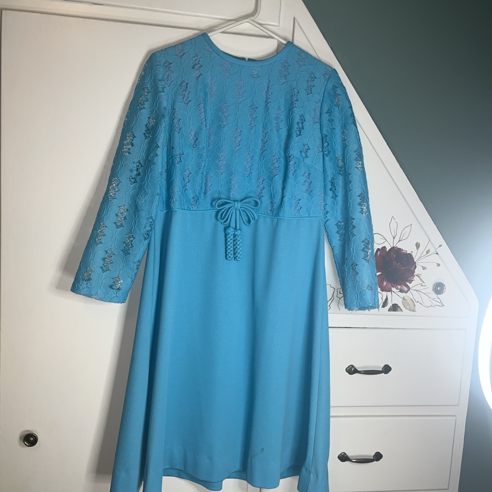 1960s/70s Aquamarine Plus Size Shift Dress With Tassel Bow And Metal Back Zipper