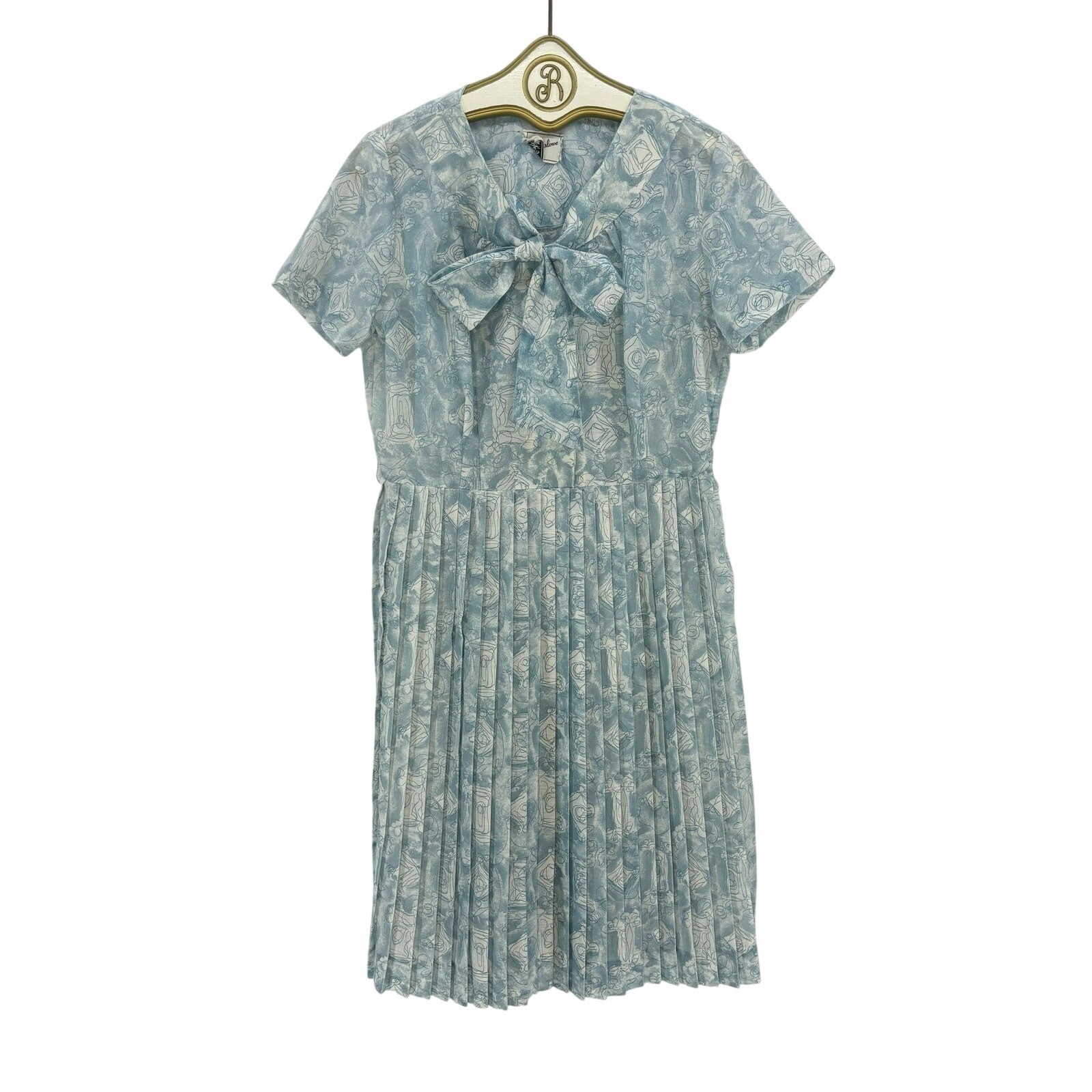 60s Vintage Meg Marlowe Dress LARGE Blue Abstract Pleated Bow Retro Mod Cottage