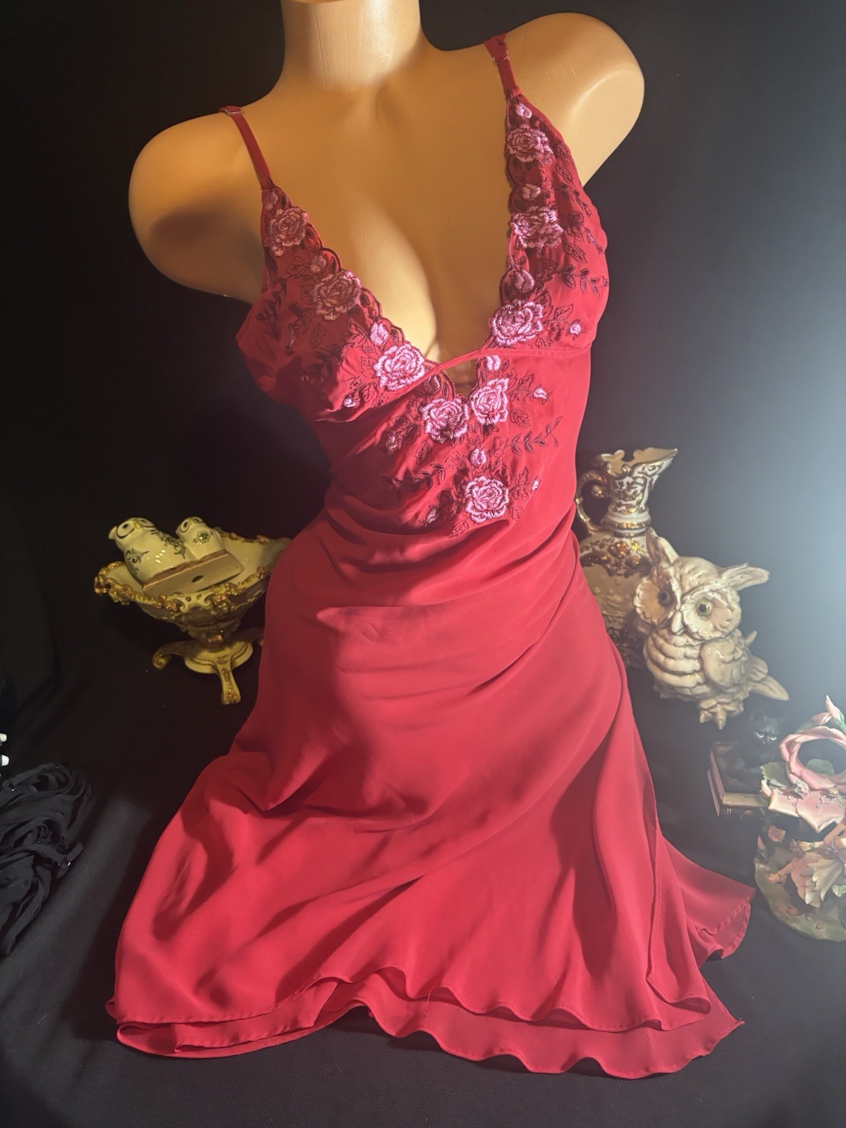 Vtg Satin Soft V Neck PINk Embroidery DOUBLE 2 PLY Nightgown Negligee Gown