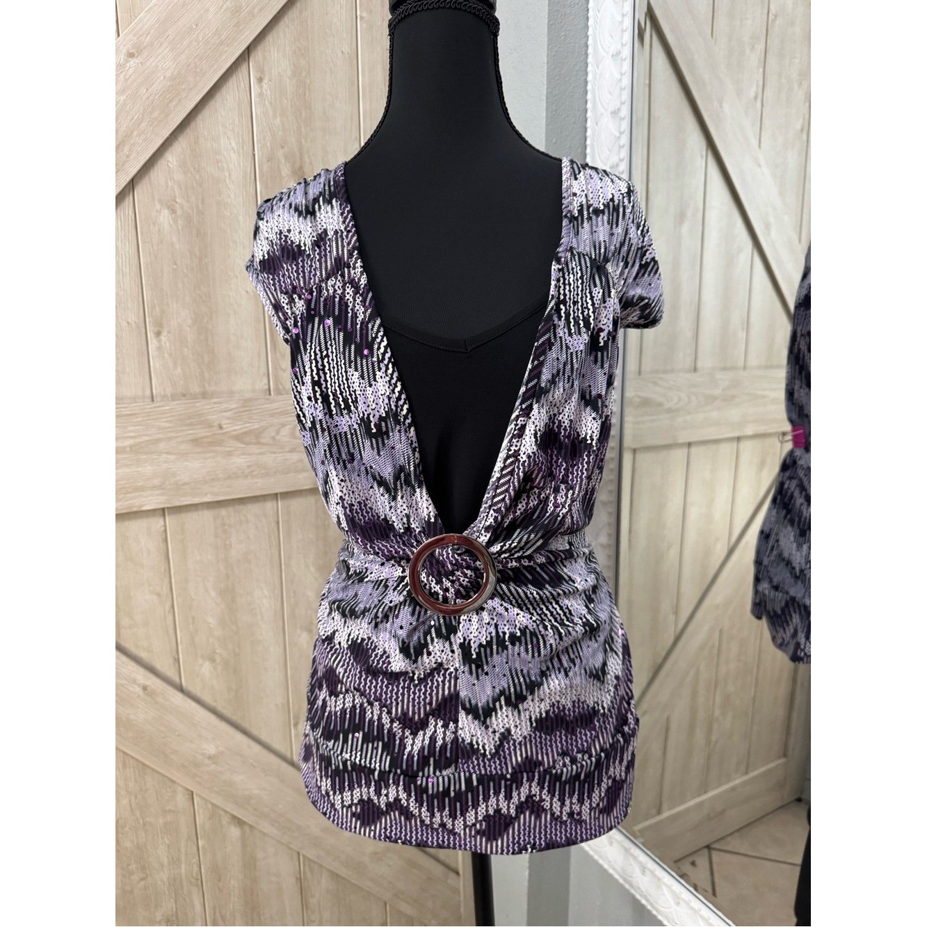 Vintage Purple Shimmer Geo Print Sleeveless Top with O-Ring Detail