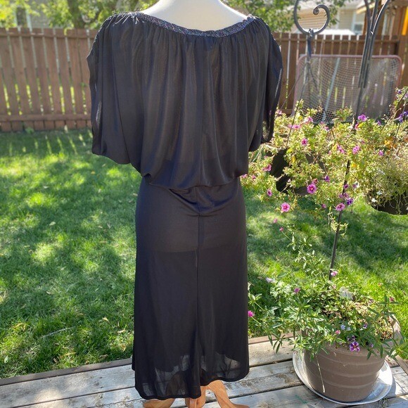 Vintage 70s Black Evening Dress Sparkle Rope Trim Split Cap Sleeve Tall Girl