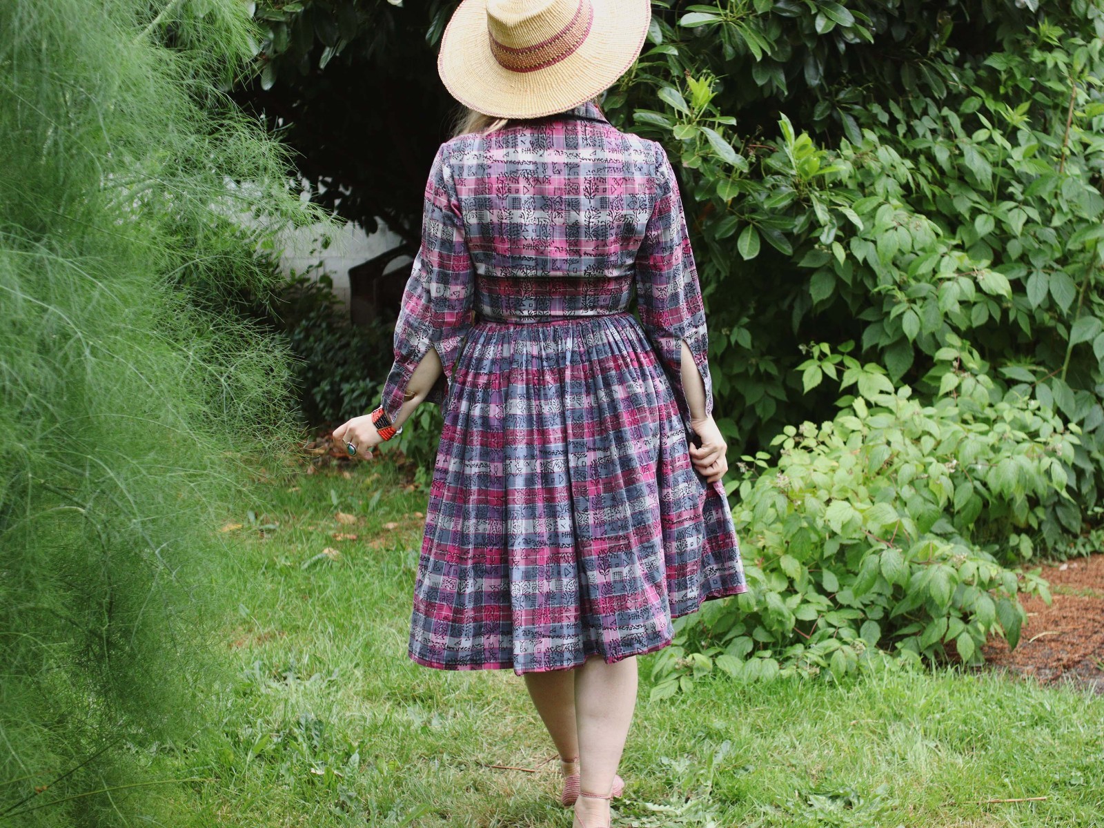 VTG 1950s Shirt Dress Madras Plaid Cotton Indian Tapestry Block printed Collared