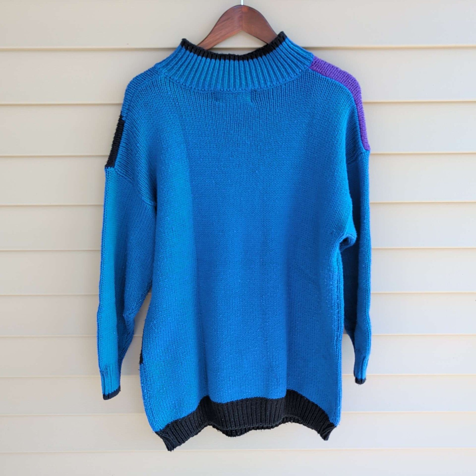 Jeanette Sweater Womens Medium Blue Geometric Abstract Vintage 80s Mock Neck