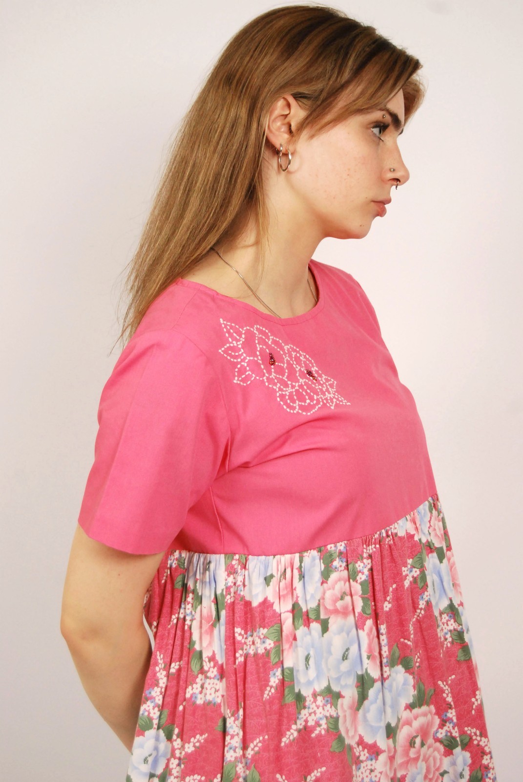70s Babydoll Dress (2XL) pink vintage midi floral cottage retro rockabilly sweet