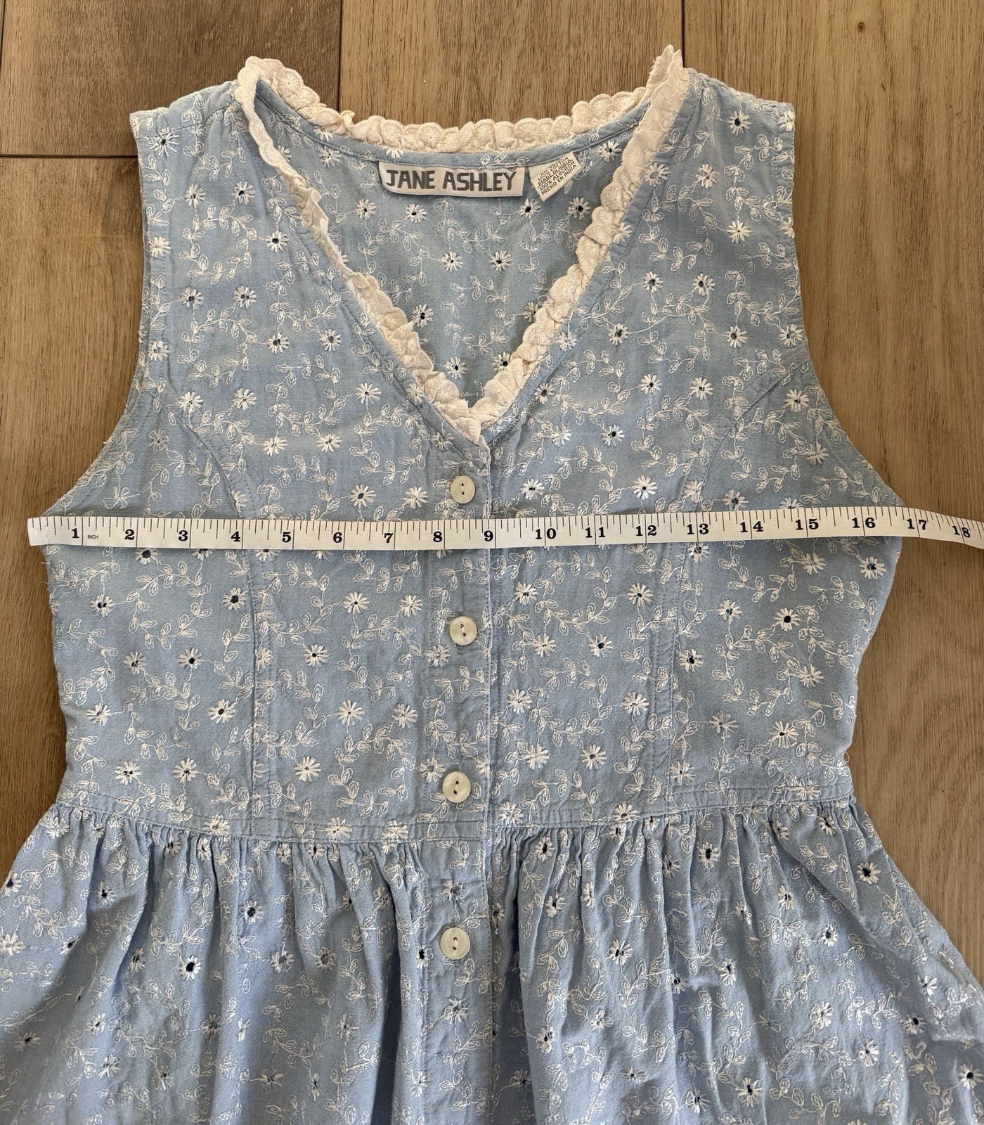 Vintage Jane Ashley Blue Floral Eyelet Cotton Button Front Dress M