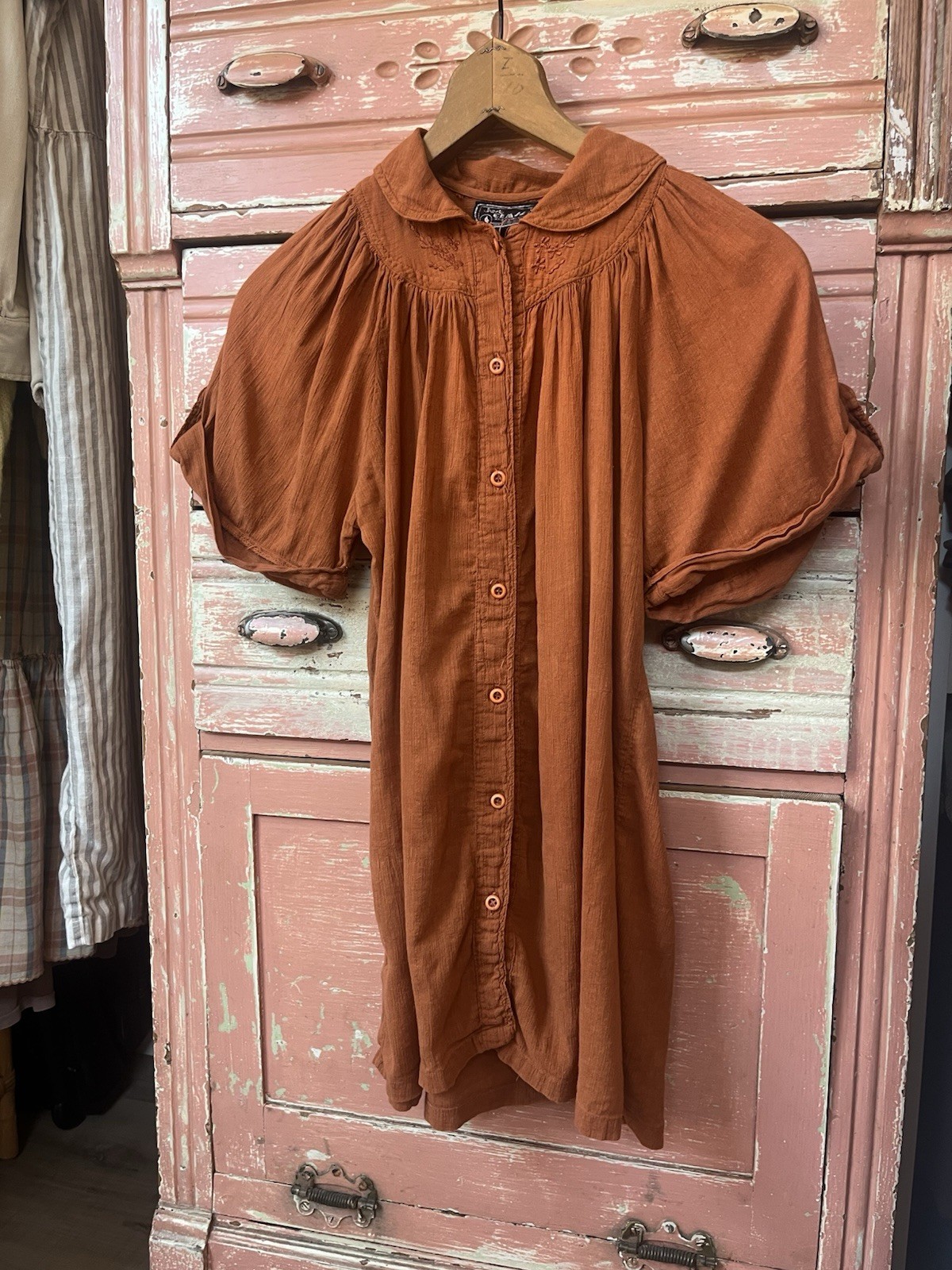 Vintage 70s India Cotton Gauze Embroidered Puff Sleeve Orange Rust Tunic Blouse