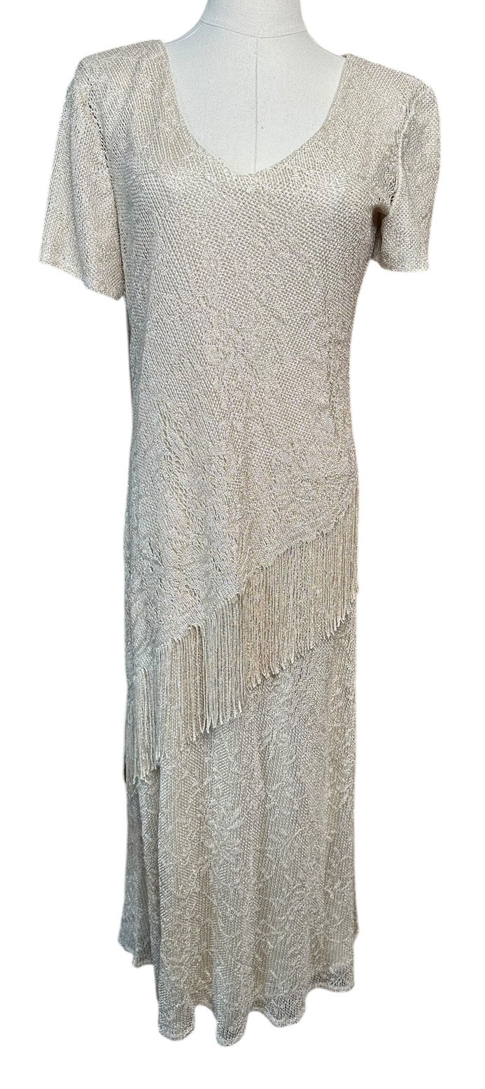 Vtg SL Fashions Cream Gold Lame Sparkly Formal Long Party Dress with Fringe 6