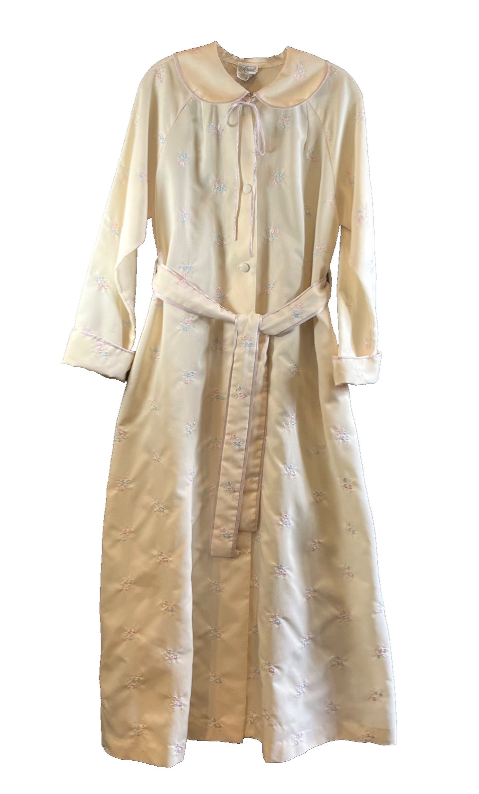Vintage Ariel Embroidered Cream Robe Sz. S Belt Cuffs Pockets Long EUC