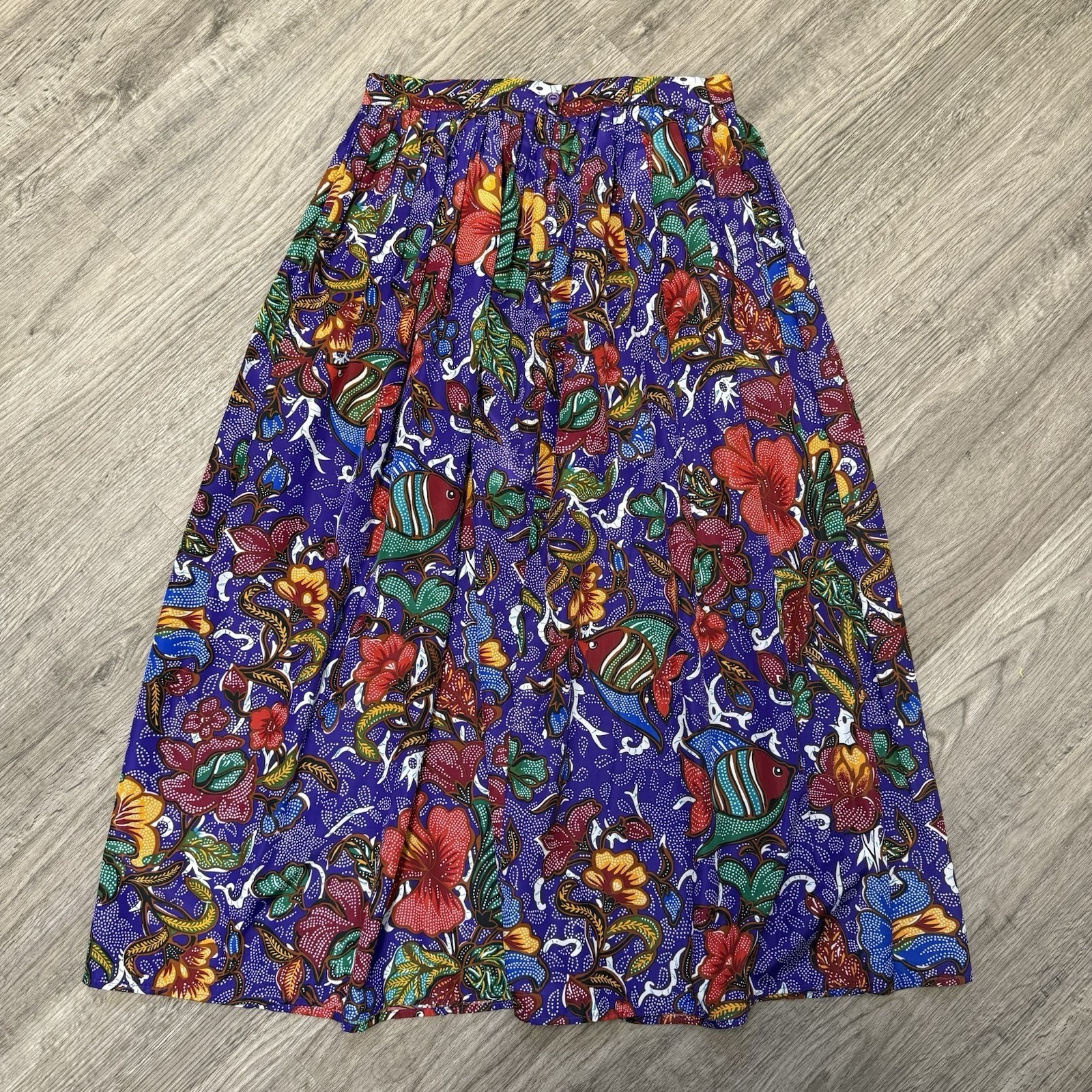 Vintage Avon Fashions Purple Tropical Fish Floral Batik Midi Skirt Sz 11/12 USA