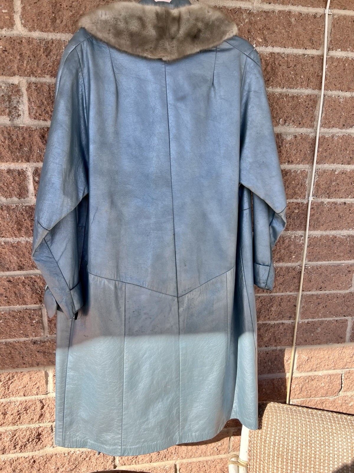 Vintage Shiny Blue Leather Coat w/ Fur Collar – No Lining or Brand, Still Sweet