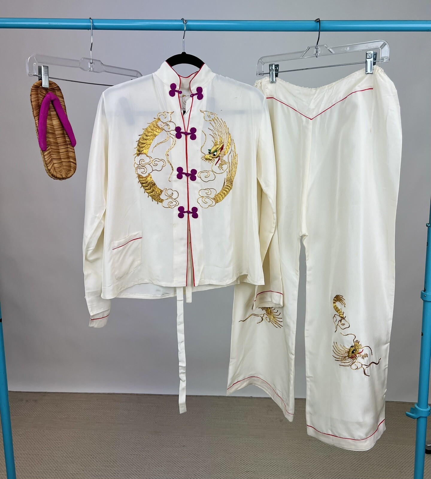 1940s Vintage Asian Japanese White gold Embroidered Dragon Pajama pant top set