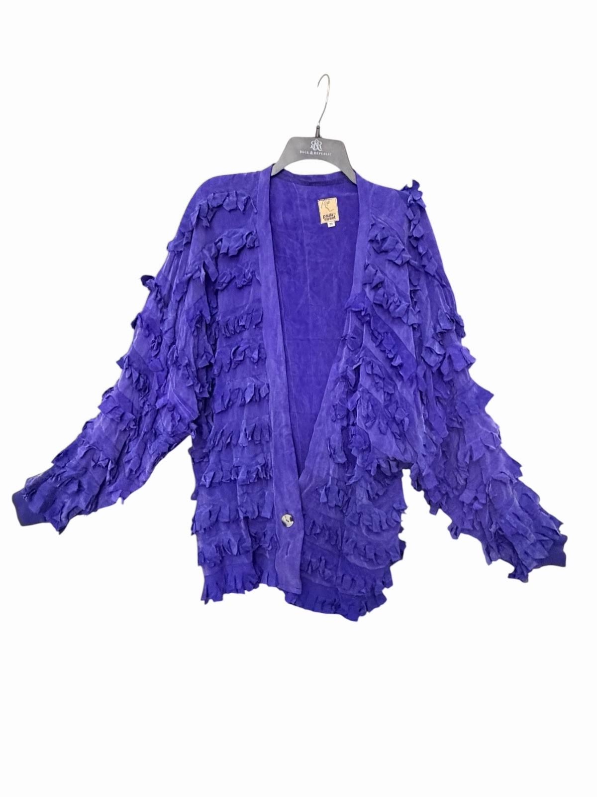 VTG Paula Sweet Muslin Mink Fringe Art Wear Cardigan Jacket Cobalt Blue M