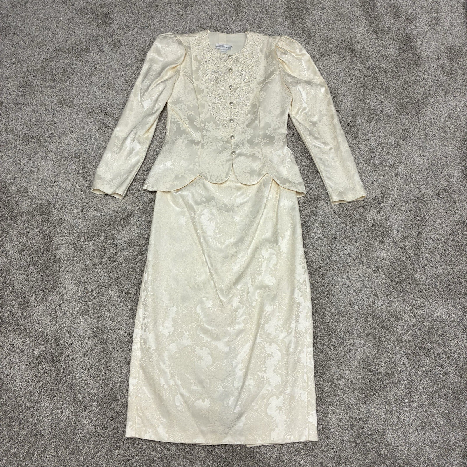 VTG Jessica McClintock Bridal Suit Sz 12 Ivory Peplum Jacket Jacquard Lace 80’s