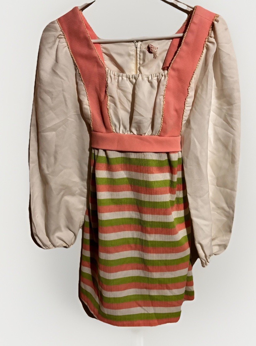 Vintage Short Puff Long Sleeve Go-Go Dress Pink Green White