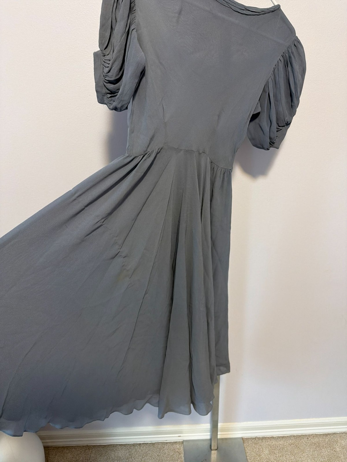 Vintage 40s Blue Silk Sheer Dress Gathered Puff Sleeve Side Zip Bias Cut MCM XS