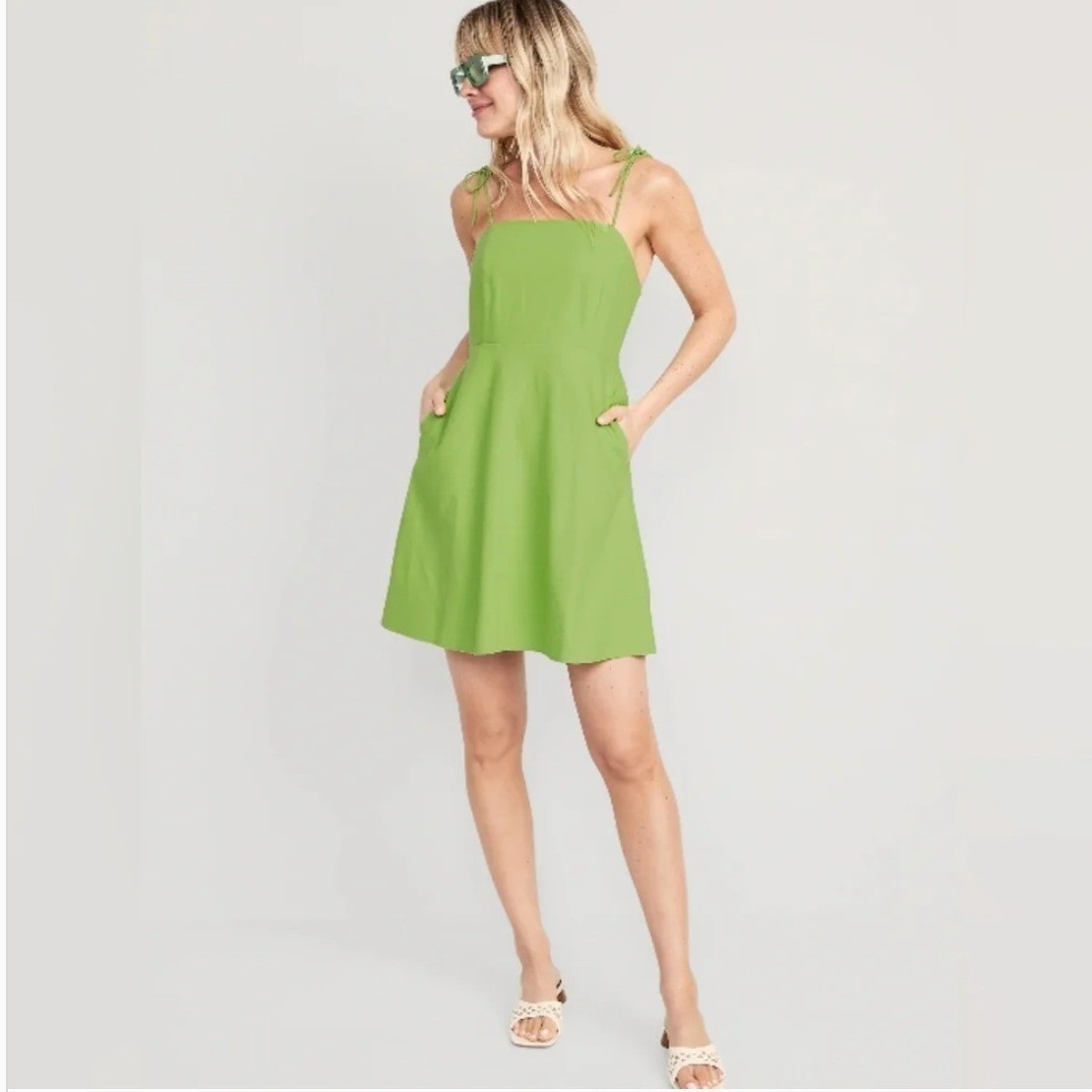 Old Navy Linen Blend Fit & Flare Lime Green Tie Shoulder Mini Cami Dress SZ M