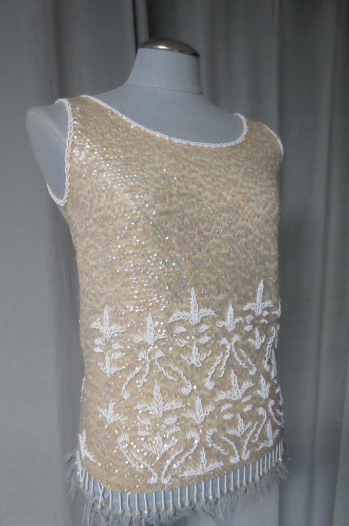 Vtg Hong Kong Wool Lined Sparkle Sequins Cream Shell Dangly Fringe Size Medium