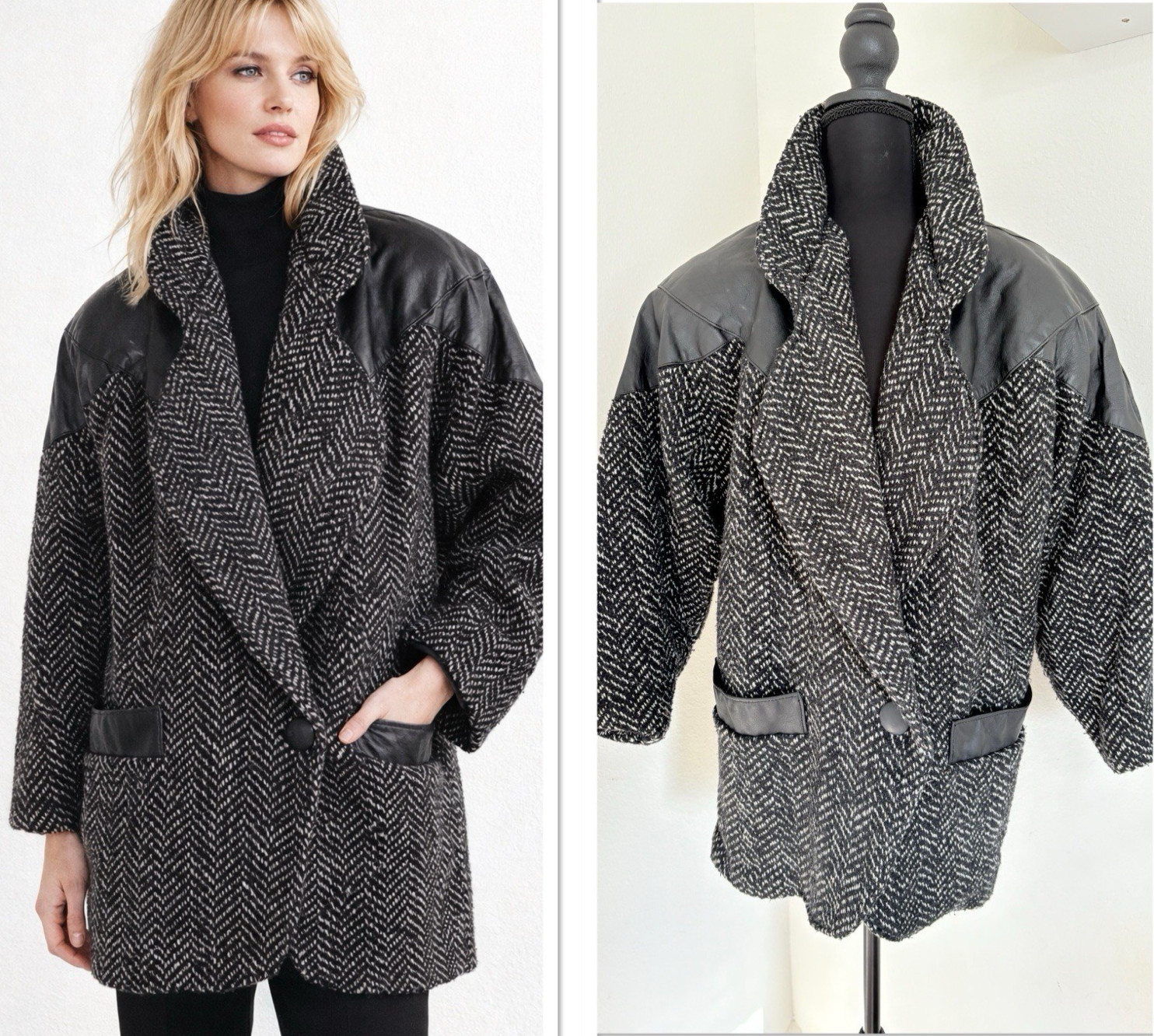 Vintage 80s Herringbone Tweed Wool Coat Leather Trim Working Girl Blazer 9-10