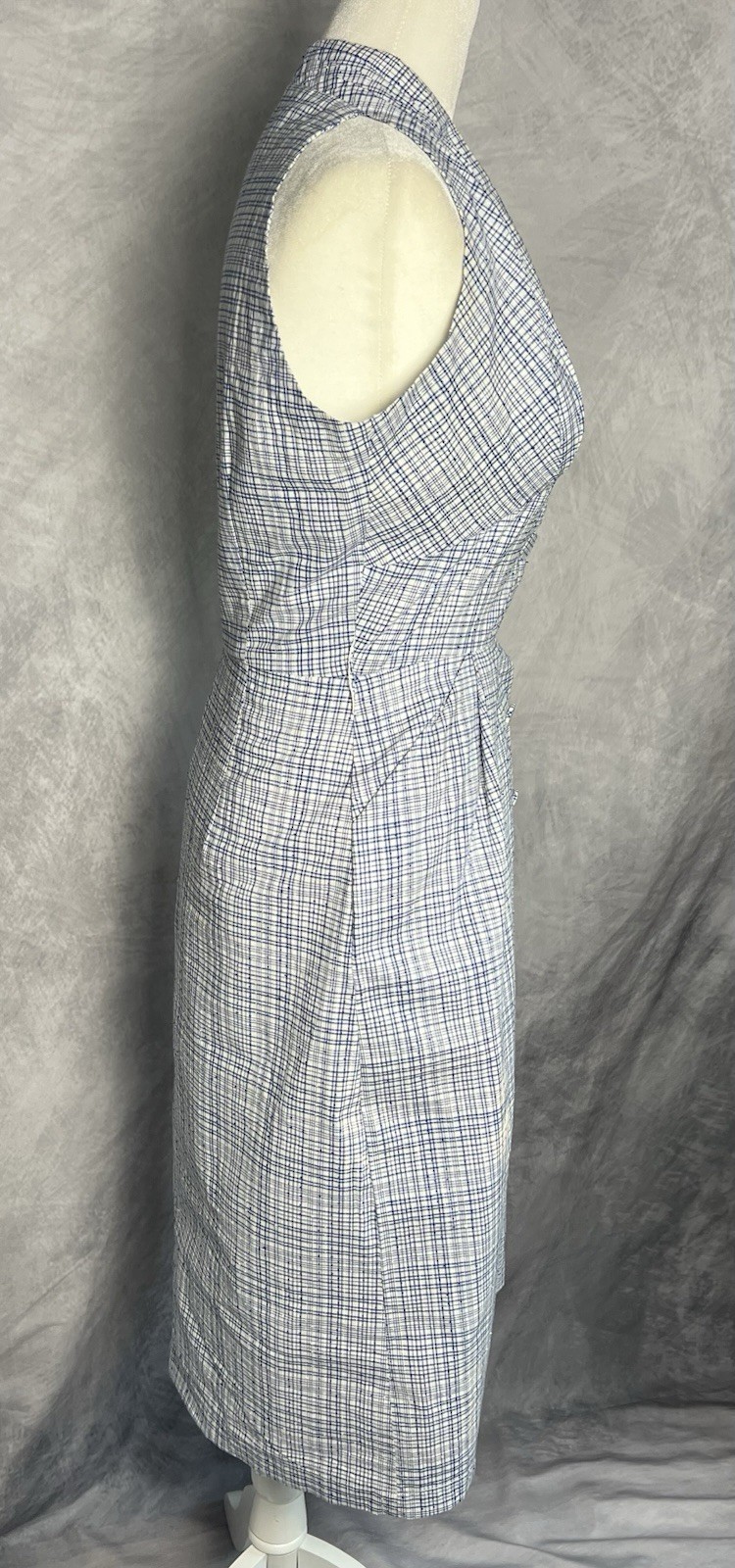 Vintage 1950s Forman & Gunner Blue White Plaid Swiss Dot Fitted Wiggle Dress M